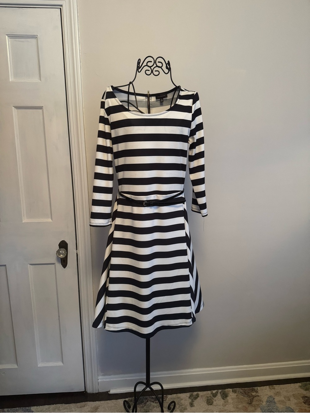 The Limited Navy and White Striped Belted Fit-and-Flare Dress 3/4 sleeve